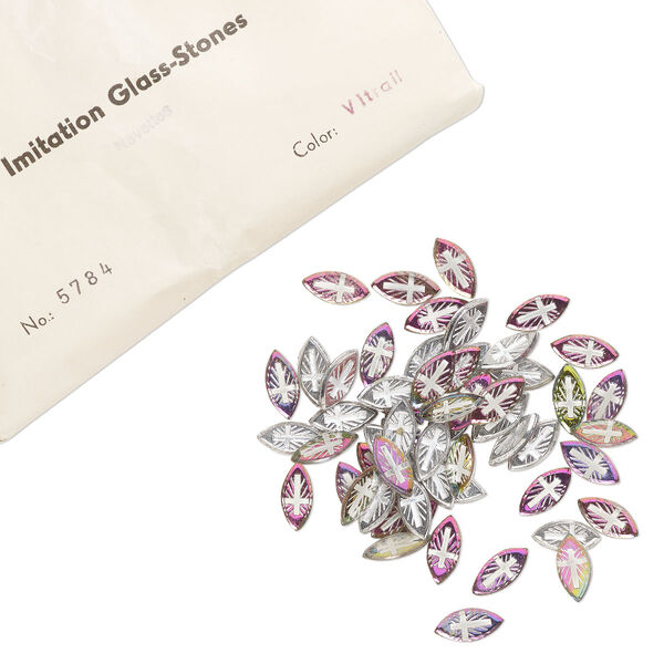 Flat back, vintage glass, crystal vitrail, 15x7mm faceted navette. Sold per pkg of 144 (1 gross). image number 0