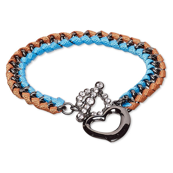 Bracelet, nylon / Czech glass rhinestone / gunmetal-finished steel / "pewter" (zinc-based alloy), blue / orange / clear, 8mm wide with 21x18mm open heart, 7 inches with toggle clasp. Sold individually. image number 0