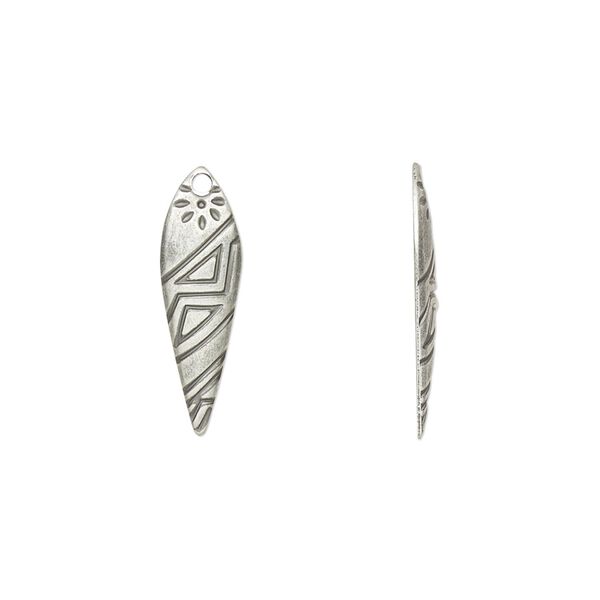Drop, antique silver-plated steel, 21x7mm drop with tribal design. Sold per pkg of 100. image number 0