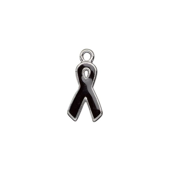 Charm, silver-plated aluminum and epoxy, black, 15x9mm single-sided awareness ribbon. Sold per pkg of 6. image number 0