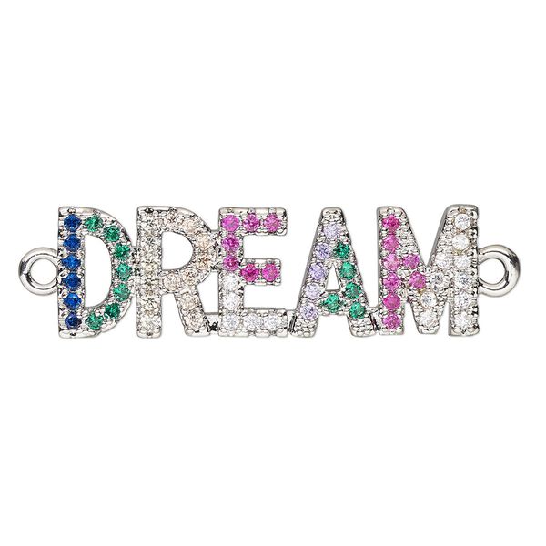 Link, cubic zirconia and silver-finished brass, multicolored, 30x9mm single-sided "DREAM." Sold individually. image number 0