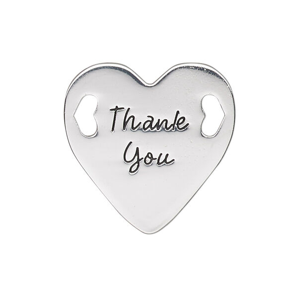 Link, antique silver-finished "pewter" (zinc-based alloy), 25.5mm single-sided flat heart with "Thank You." Sold individually. image number 0