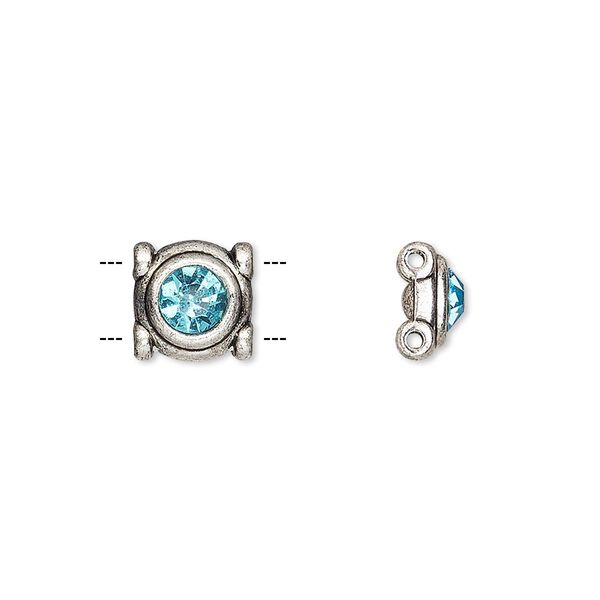 Spacer, glass rhinestone and antique silver-finished "pewter" (zinc-based alloy), aqua blue, 9mm single-sided 2-strand round, fits up to 5mm bead. Sold per pkg of 6. image number 0