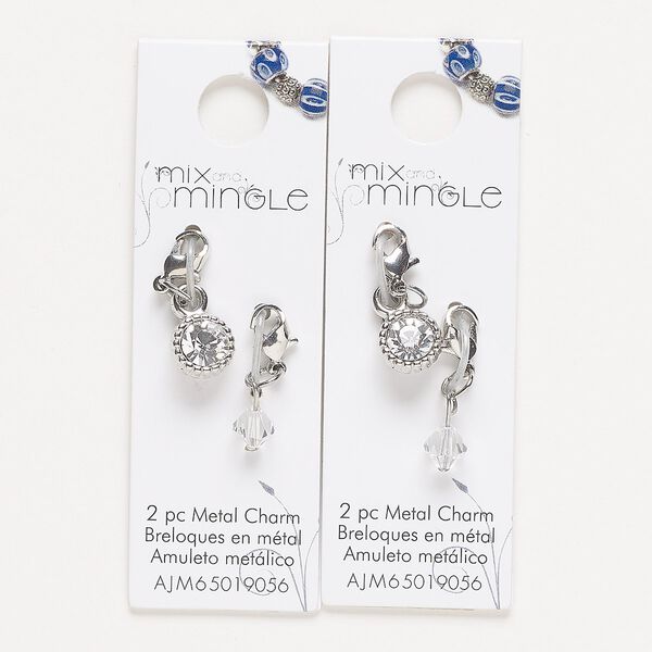 Drop, silver-finished "pewter" (zinc-based alloy) / steel / glass, clear,22x7mm single-sided and 24x9mm single-sided with lobster claw clasp. Sold per pkg of (2) 2-piece sets. image number 0