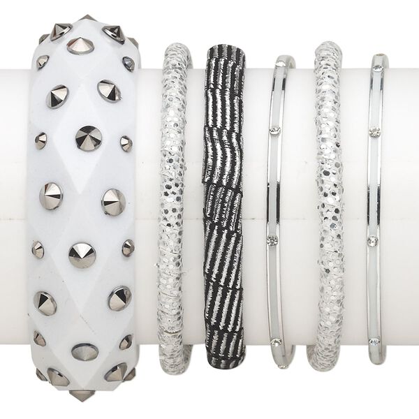 Bracelet mix, bangle, wood (dyed) / leatherette / plastic / enamel / polyester / silver-finished steel, white / silver / clear, 3-24mm wide with mixed design, 7-1/2 inches. Sold per 6-piece set. image number 0