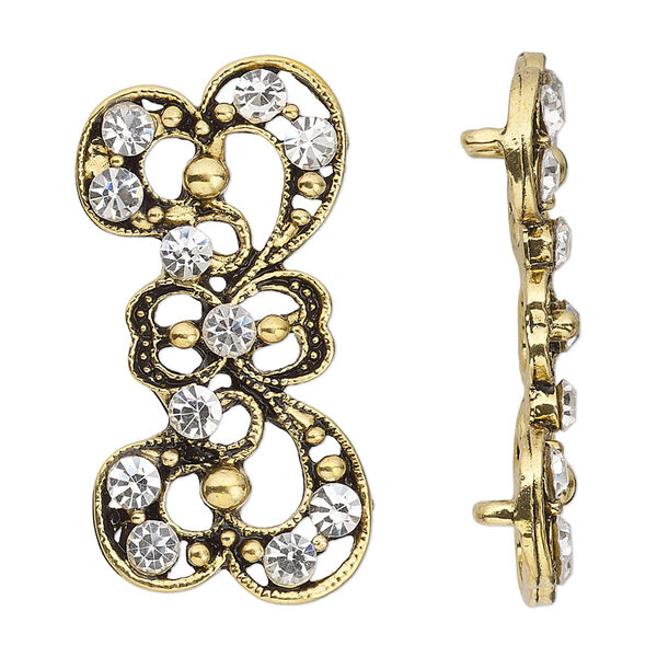 Spacer, antiqued gold-finished "pewter" (zinc-based alloy) and Czech glass rhinestone, clear, 37x17mm 2-strand fancy bow. Sold per pkg of 4. image number 0
