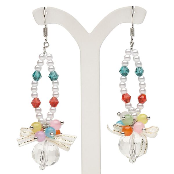 Earring, acrylic / glass / organza ribbon / silver-finished steel, multicolored, faceted round, 2-1/2 inches with fishhook ear wire. Sold per pair. image number 0