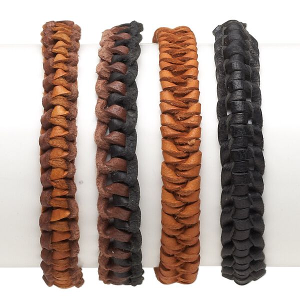 Bracelet mix, leather (dyed), brown / black / tan, 10mm wide, adjustable from 6 to 7-1/2 inches with tie closure. Sold per pkg of 4. image number 0