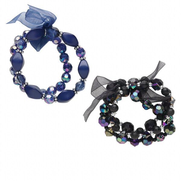 Bracelet, stretch, acrylic / organza ribbon / silver-coated plastic, blue and black, faceted round and multi-shape, 6-1/2 and 7 inches. Sold per pkg of 5. image number 0