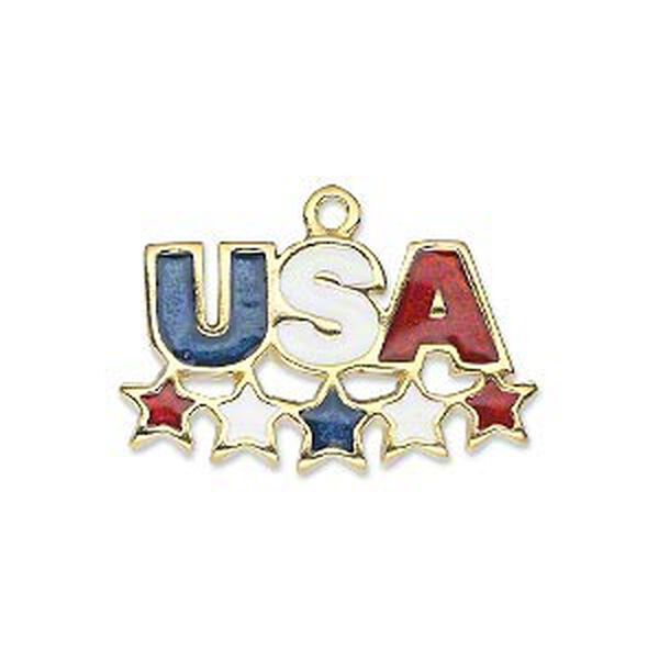 Charm, gold-finished "pewter" (zinc-based alloy) and enamel, red / white / blue, 28x16mm "USA" with stars. Sold individually. image number 0