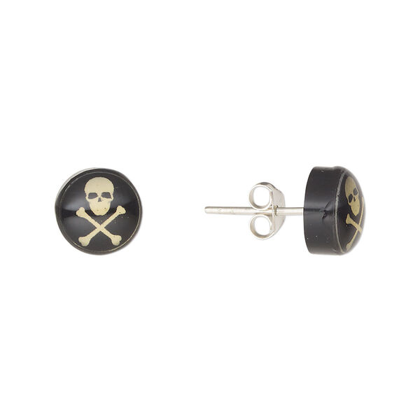 Earstud, Everyday Jewelry, sterling silver and acrylic, black and light yellow, 9mm round with skull and crossbones. Sold per pair. image number 0