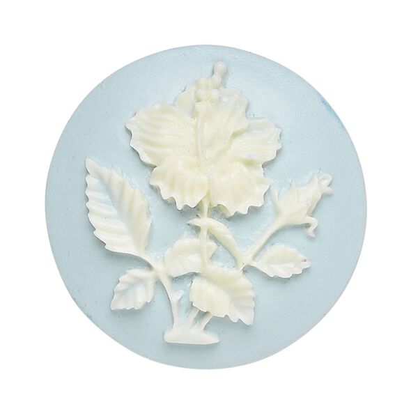Cabochon, acrylic, light blue and white, 33mm non-calibrated round cameo with hibiscus flower. Sold individually. image number 0