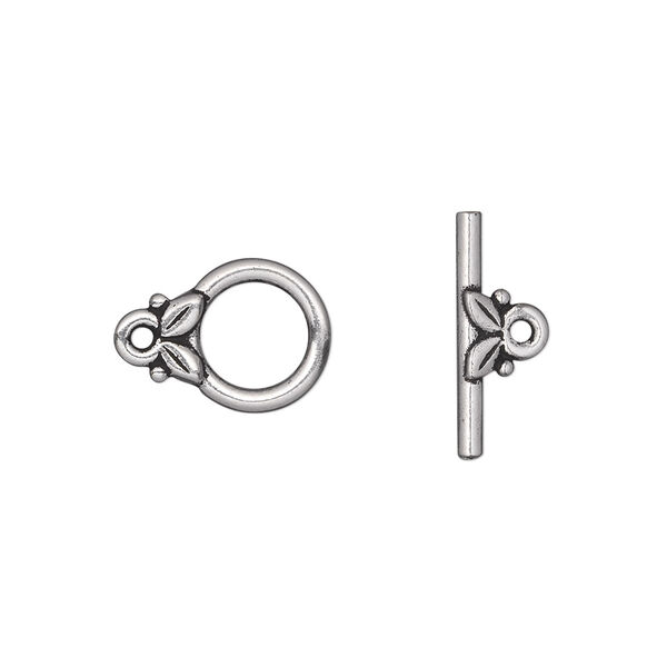 Clasp, TierraCast®, toggle, antique silver-plated pewter (tin-based alloy), 11.5mm round with leaves. Sold individually. image number 0