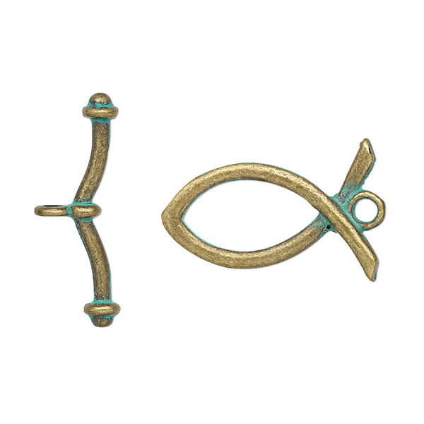 Clasp, toggle, antique brass-plated "pewter" (zinc-based alloy), green patina, 23x15mm Christian fish. Sold per pkg of 4. image number 0