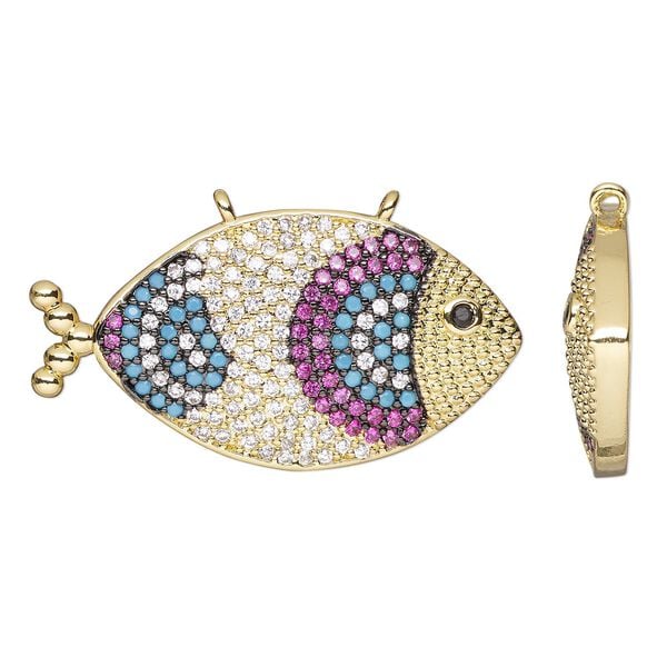 Connector, cubic zirconia and gold-finished brass, multicolored, 31.5x17mm single-sided fish. Sold individually. image number 0