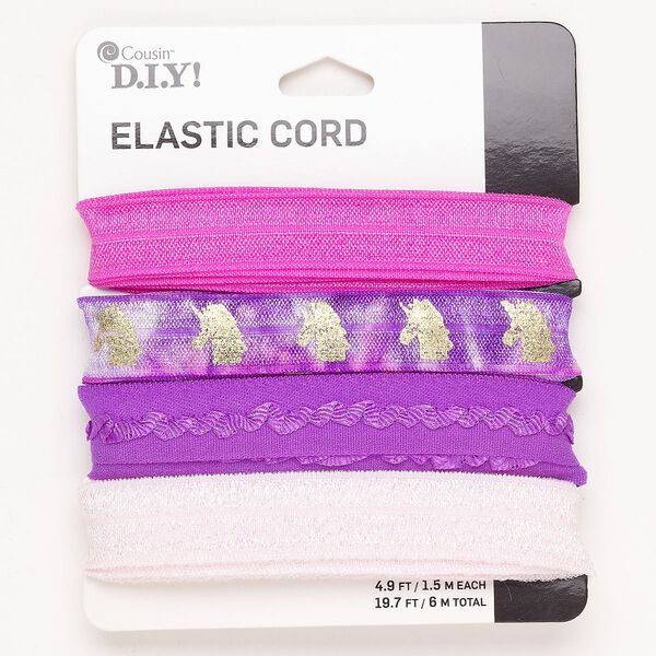 Cord assortment, elastic, pkg/(4) 1.5m lengths, 15mm, pink / purple / gold. image number 0