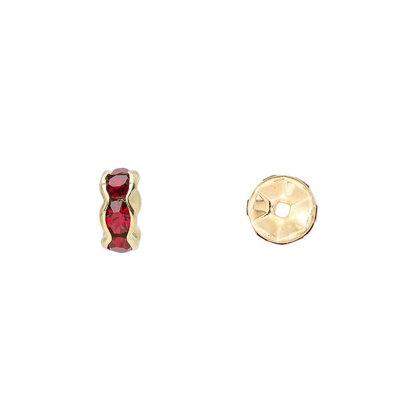 Bead, glass rhinestone and gold-finished brass, garnet red, 7x3.5mm rondelle. Sold per pkg of 10. image number 0