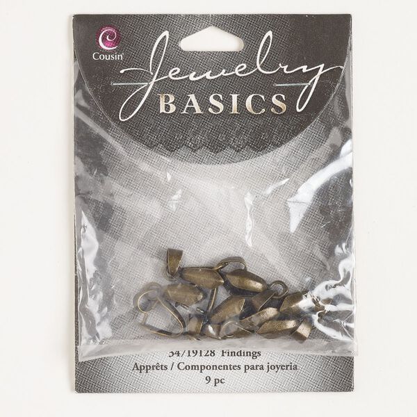 Bail, ice-pick, brass, pkg/9, 11x5mm shield with 8.2mm grip length, antique brass finish. image number 0