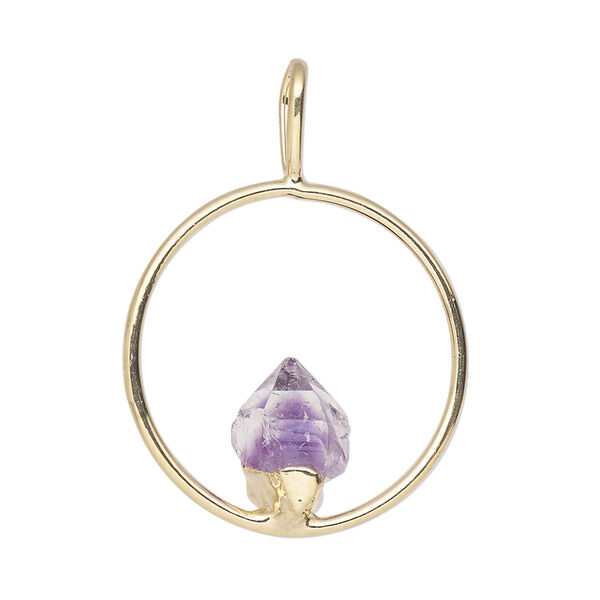 Pendant, Everyday Jewelry, gold-plated brass and amethyst (natural), 34x25mm-36x27mm open round. Sold individually. image number 0