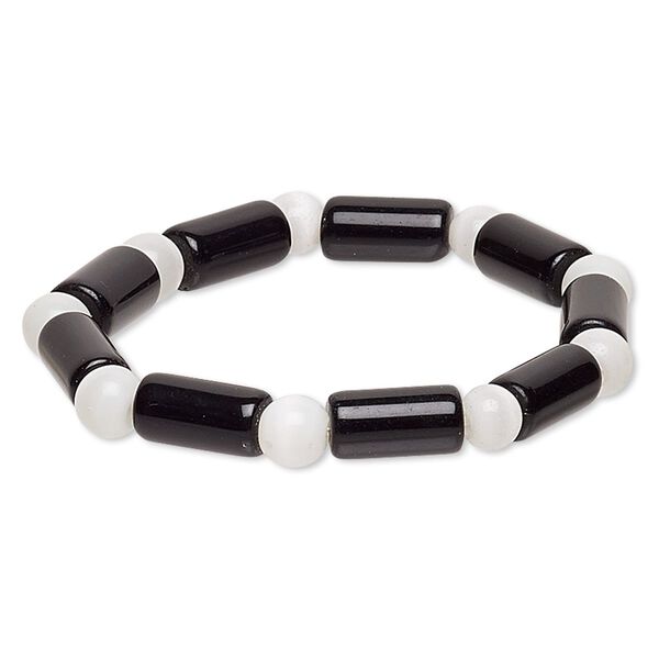 Bracelet, stretch, glass and cat's eye glass, opaque white and black, 7-8mm round and 14x7mm-15x8mm round tube, 7 inches. Sold individually. image number 0