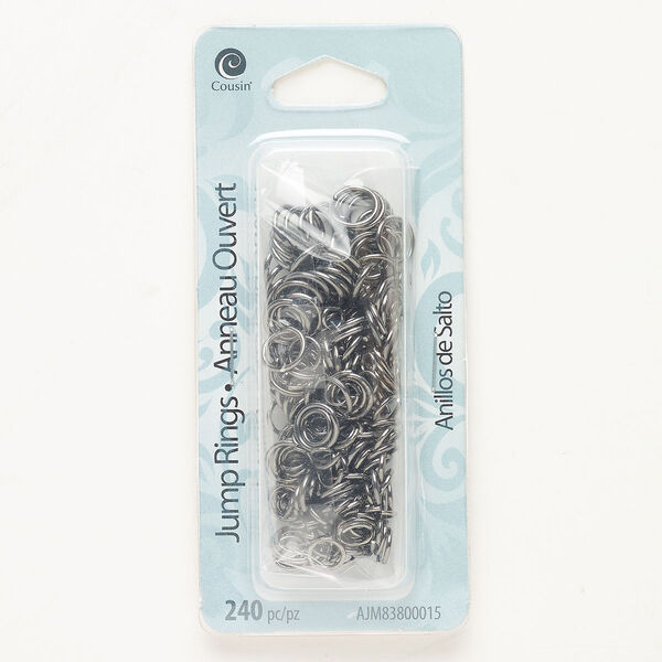Jump ring mix, steel, pkg/240, gunmetal finish, 4mm/6mm/8mm open round, 2.8-6.3mm inside diameter, 18-21 gauge. image number 0