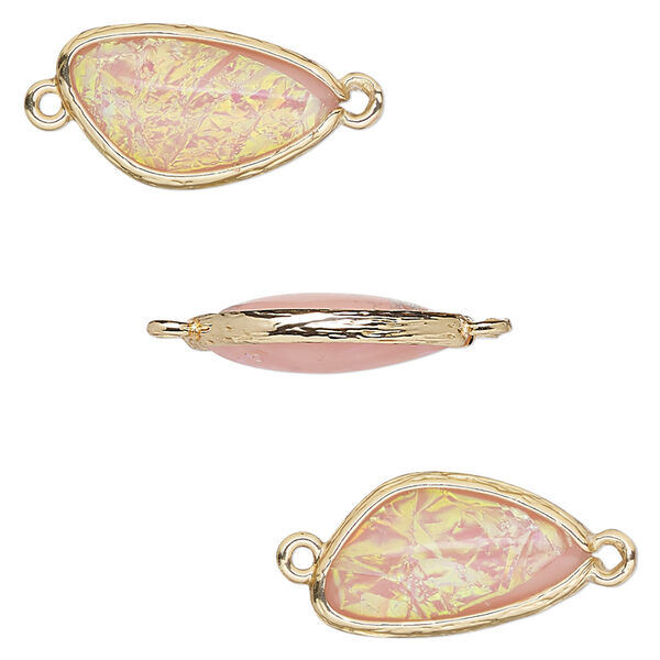Link, Opalized Ice™, "opal" (resin) and gold-finished brass, light pink, 19.5x11mm double-sided wing. Sold per pkg of 4. image number 0