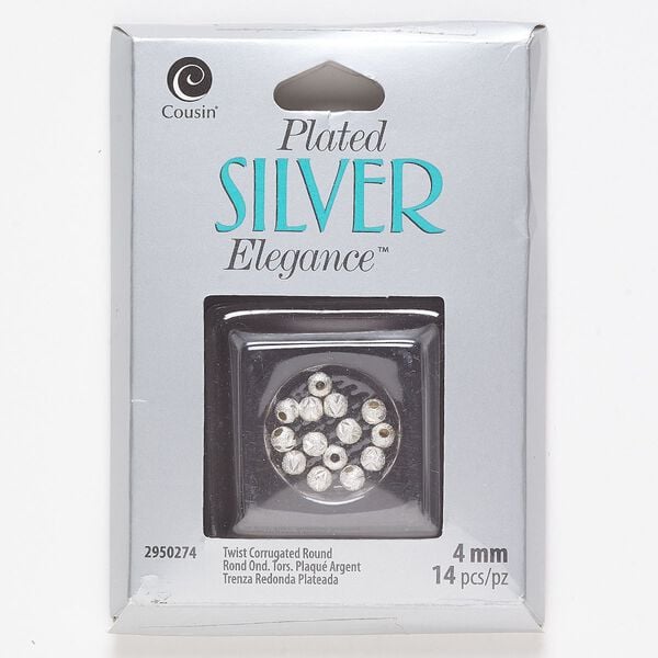 Bead, lacquer and silver-plated brass, 4mm twisted corrugated round. Sold per pkg of 14. image number 0
