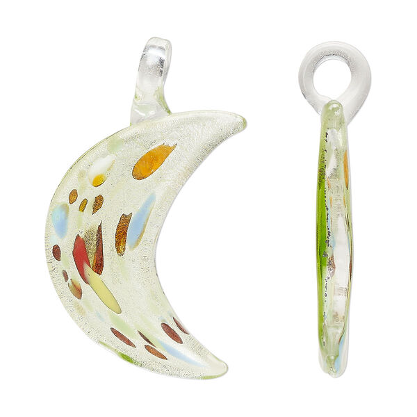 Focal, lampworked glass, multicolored, 44x32mm-48x35mm moon with copper-colored glitter and silver-colored foil. Sold individually. image number 0