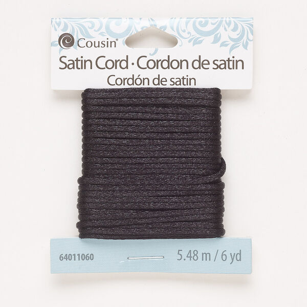 Cord, satin, black, 2mm round. Sold per 6-yard pkg. image number 0