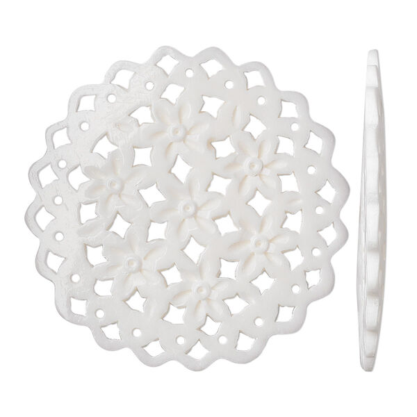 Focal, bone (bleached), white, 39mm round with flower and cutout design, Mohs hardness 2-1/2. Sold per pkg of 2. image number 0