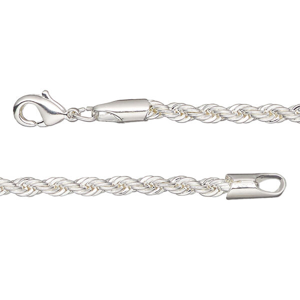 Chain, silver-plated brass, 3mm rope, 20 inches with lobster claw clasp. Sold individually. image number 0
