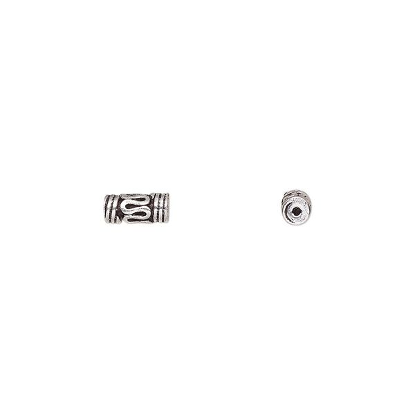 Bead, antiqued sterling silver, 7x3mm round tube with scroll and line design. Sold per pkg of 30. image number 0