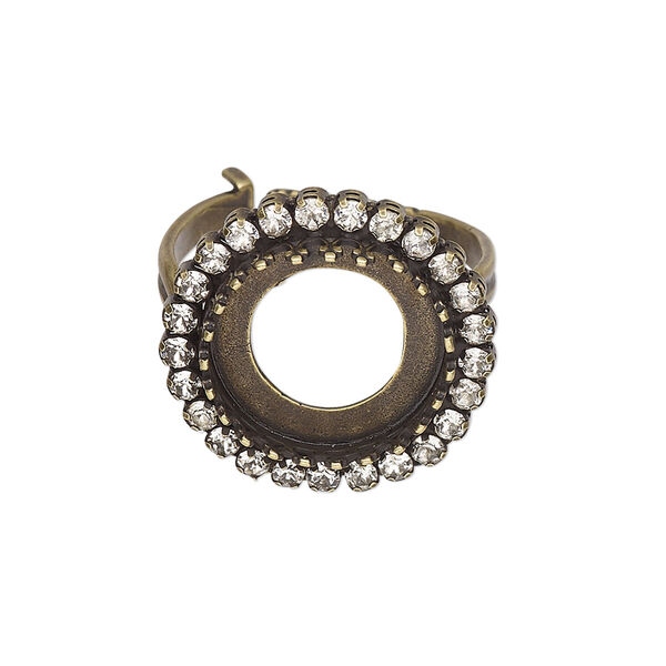 Ring, JBB Findings and crystals, antique brass-plated brass, crystal clear, 21mm wide with 14mm rivoli bezel setting, adjustable from size 5-8. Sold individually. image number 0