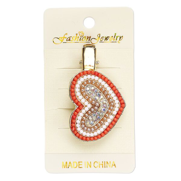 Hair clip, acrylic / glass rhinestone / gold-finished steel / "pewter" (zinc-based alloy), multicolored, 47x29mm with 36x29mm heart. Sold individually. image number 0