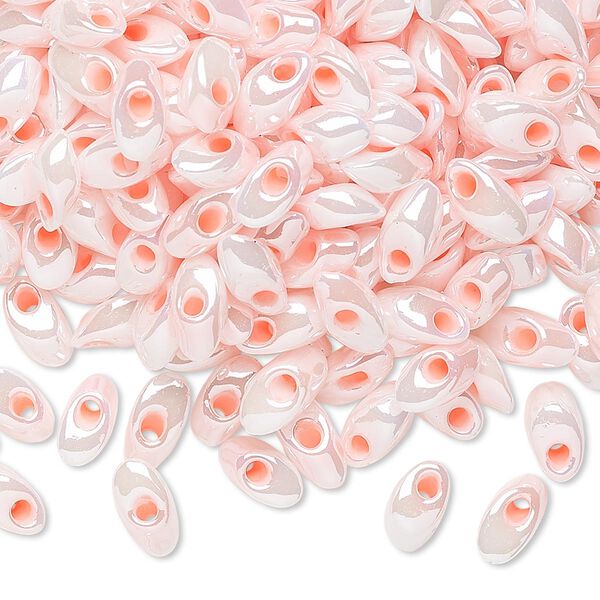 Seed bead, Miyuki, glass, pkg/250g, 7x4mm long magatama, opaque light rose inside dyed color pearl, (LMA-427). image number 0