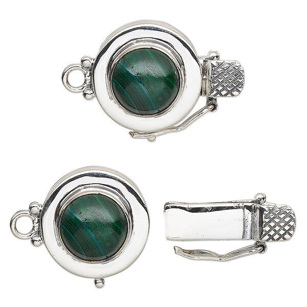 Clasp, tab with safety, malachite (natural) and sterling silver, 15mm round with 10mm round cabochon. Sold individually. image number 0