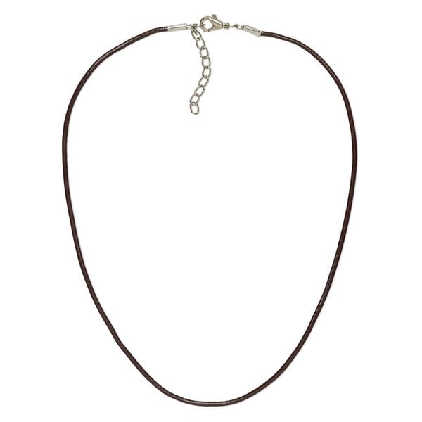 Necklace cord, leather and imitation rhodium-plated brass and steel, brown, 2mm round, 18 inches with 2-inch extender chain and lobster claw clasp. Sold per pkg of 6. image number 0