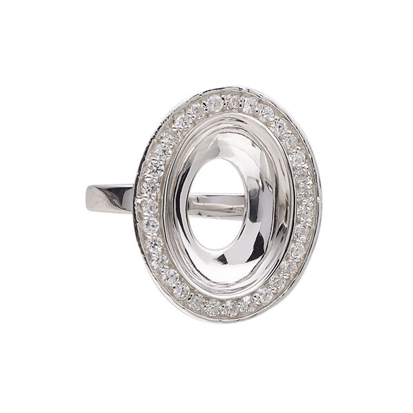 Ring, Almost Instant Jewelry®, rhodium-plated sterling silver and cubic zirconia, clear, 24.5mm wide with 18x13mm oval glue-in setting, size 9. Sold individually. image number 0