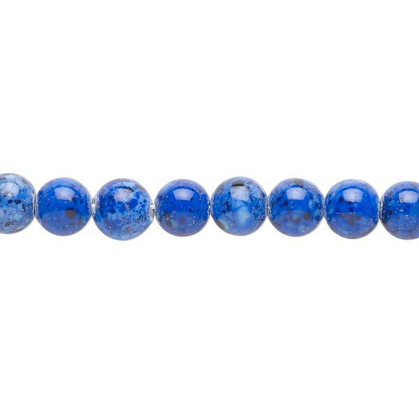 Bead, vintage German coated speckled glass, opaque blue and black, 6mm round. Sold per 15-1/2" to 16" strand. image number 0