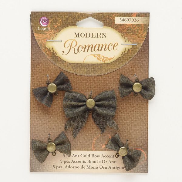 Focal and link assortment, antique gold-finished brass, dark brown, (4) 22x15mm and (1) 33x28mm mesh bowtie. Sold per pkg of 5. image number 0