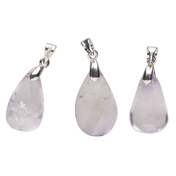 Amethyst / pewter (tin-based alloy) 1pkg3, imitation rhodium-finished teardrop freeform pendant natural 23x12mm-26x17mm image number 0