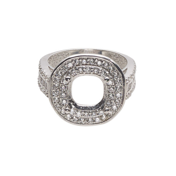 Ring, cubic zirconia and rhodium-plated sterling silver, clear, 19mm wide with open back 10mm cushion 4-prong setting, size 9. Sold individually. image number 0