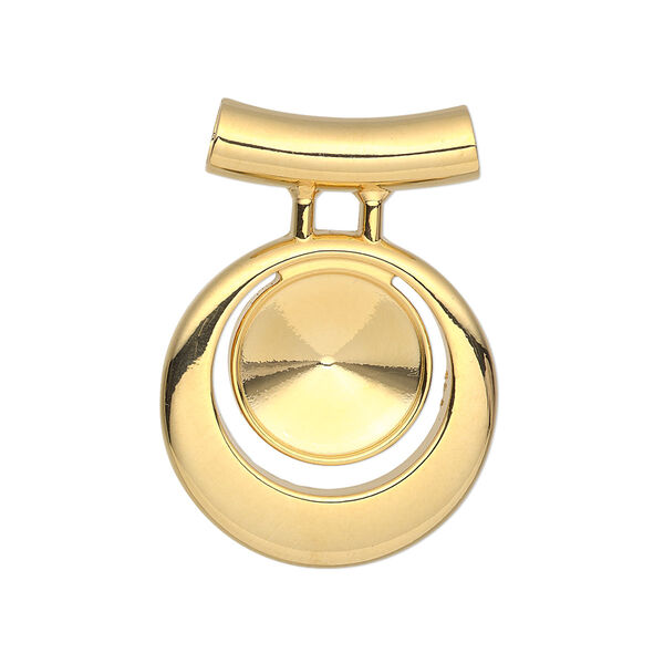 Pendant, Almost Instant Jewelry®, gold-finished "pewter" (zinc-based alloy), 31x22mm single-sided round go-go, 3.5mm hole with 12mm rivoli setting and tube bail. Sold individually. image number 0