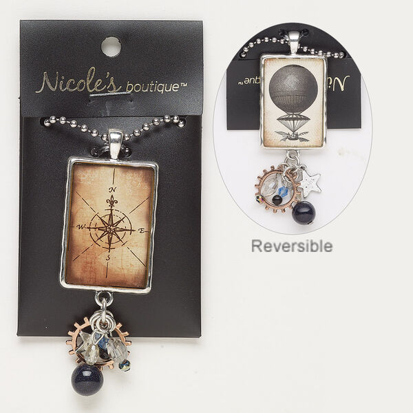 Necklace, glass / silver-finished "pewter" (zinc-based alloy) / steel, multicolored, 2-3/4 x 1-1/4 inch double-sided rectangle with compass and hot air balloon decal, 24 inches with lobster claw clasp. Sold individually. image number 0