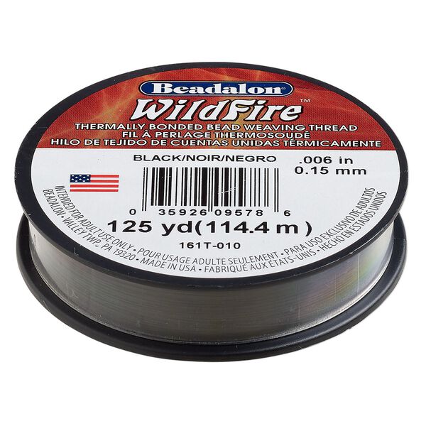 Thread, Beadalon® WildFire™, polyester and plastic, black, 0.15mm with bonded coating, 10-pound test. Sold per 125-yard spool. image number 0
