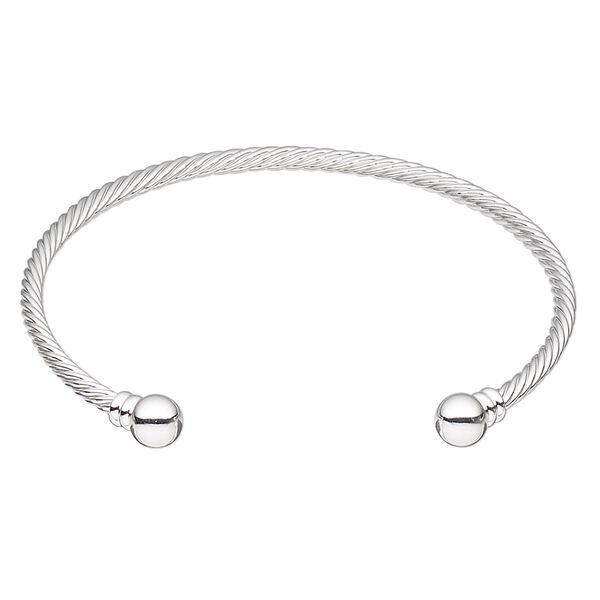 Bracelet, cuff, silver-plated brass, 3.5mm twisted wire with 8mm threaded ball end, adjustable from 9 to 9-1/2 inches. Sold individually. image number 0