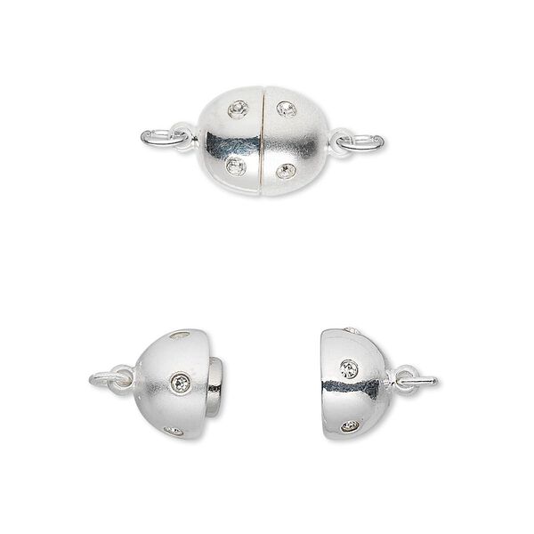 Clasp, magnetic, cubic zirconia and silver-plated brass, clear, 11x9mm matte and shiny oval. Sold individually. image number 0