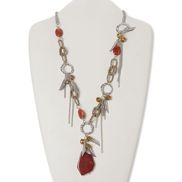 Necklace, red agate (dyed / heated) / glass / silver-coated plastic / silver-plated "pewter" (zinc-alloy based) / steel / brass, gold / brown / red, feather, 26 inches with 2-1/2 inch extender chain and lobster claw clasp. Sold individually. image number 0