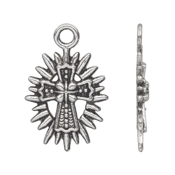 Drop, antique silver-plated "pewter" (zinc-based alloy), 26x21mm single-sided cross with sun. Sold per pkg of 10. image number 0