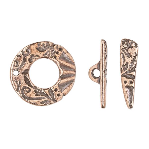 Clasp, TierraCast®, toggle, antique copper-plated pewter (tin-based alloy), 19.5x19mm ring with flora and Dulce Vida designs. Sold per pkg of 10. image number 0